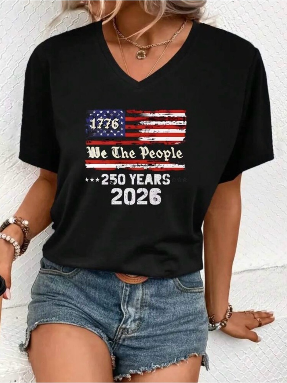 We The People 250 Years 2026 Graphic V-Neck Tee - Black
